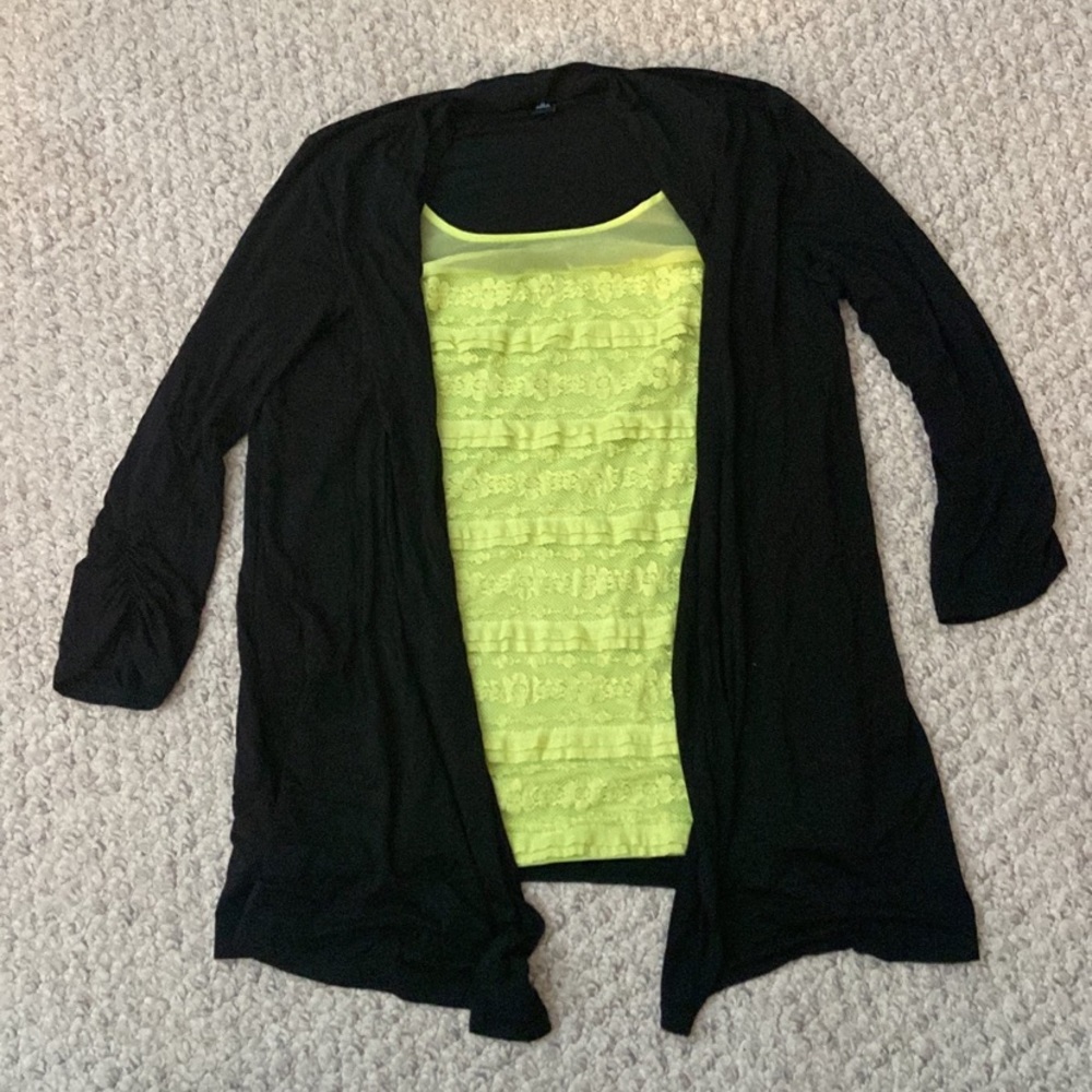AB Studio size M green tank/black cardigan combo